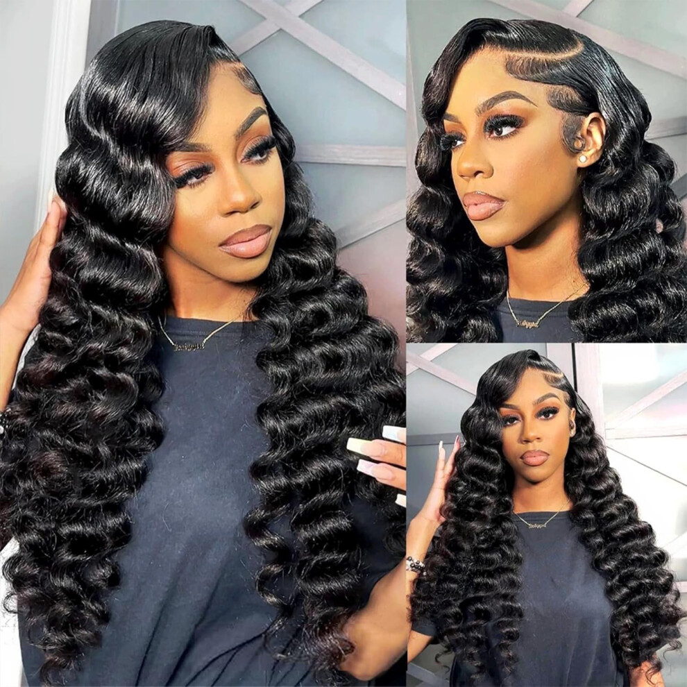 Unisex Black Loose Deep Wave Human Hair Lace Front Wig 13X4 Hd Transparent Lace Glueless PreâPlucked 180% Density For Women