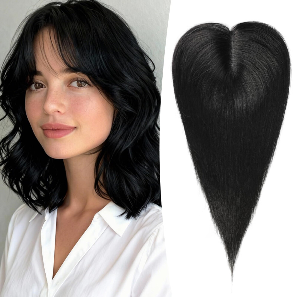 Unisex Black 14 Inch Human Hair Topper With Bangs For Thinning Hair, Natural Scalp And Secure Clips