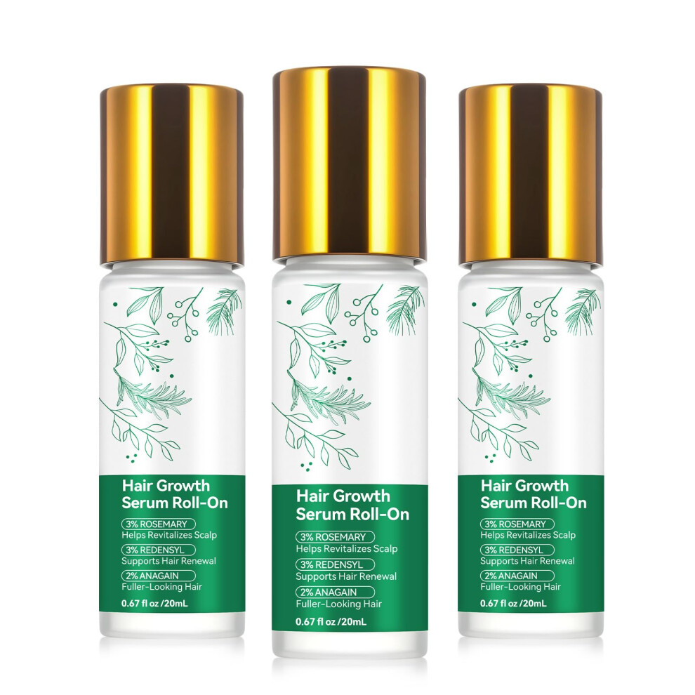 Rosemary Hair Growth Serum Roll On with Redensyl and Anagain for Thinning Hair, Thicker Fuller Hair, 3PCS