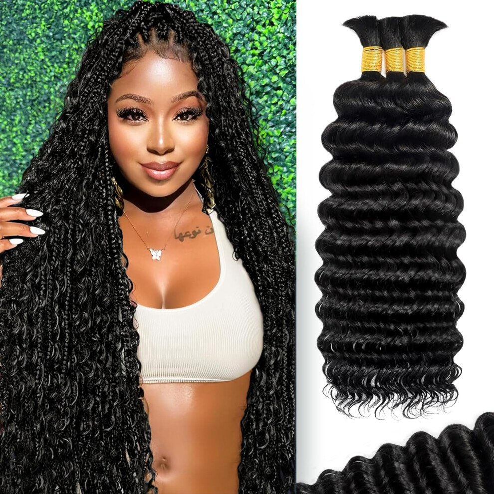 24 Inch Curly Human Braiding Hair Extensions Wet and Wavy Deep Wave 12A Boho Braids 3 Bundles Natural Color
