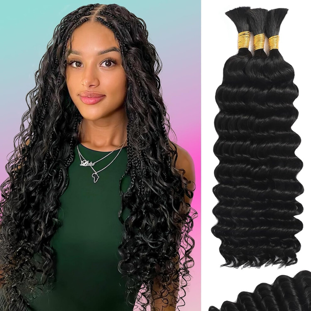 24 Inch Deep Wave Human Braiding Hair for Knotless Boho Braids, 1B Natural Black, 3 Bundles, Tangle