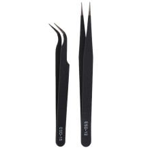 Nail Art Rhinestones Eyelashes Extension Straight & Curved Tweezers Tool Set-Black