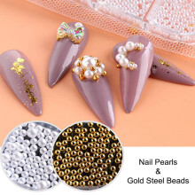 1Box Pearl Decorations Nail Charms White Round Nail Parts Gold Steel Beads Balls Jewelry Nail Art Accessories Color:ZZ13