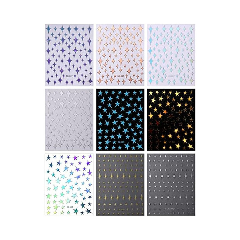 Silver 9Pcs Colorful Stars Nail Art Stickers Decals Self-Adhesive Nail Supplies Nail Art Design Decoration Accessories