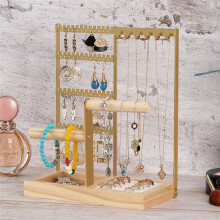 Gold Jewelry Stand Removable Solid Wood Base Biaxial Jewelry Rack Earrings Necklaces Rings Jewelry Stand