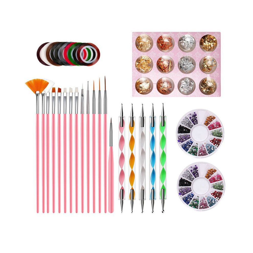 Nail Pen Stamp Nail Art Tool with Nail Painting Brushes, Nail Dotting Tool,Nail Foil,Manicure Tape,Rhinestones for Nails