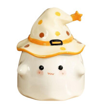 Coffee Cup, Cute Face Mug with Witch Hat Cover, Halloween Tea Cup, Holiday Halloween Birthday Gift Yellow