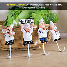 Pack of 4 Resin French Chef Figurine Wall Hooks Decorative Cook Wall Mount Rack Hook Hanger(Assorted Style)