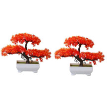 2Pcs Artificial Plant Bonsai Plastic Small Tree Pot Fake Plant Flower Potted Ornaments for Home Room Table ,Evening Red