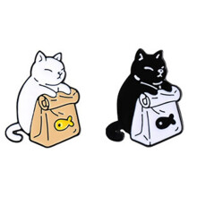 Cute Black White Cat-Enamel Fish Brooch of Cartoon Animals Metal Funny Meme Badge Pins for Lapel Kids Women Bags