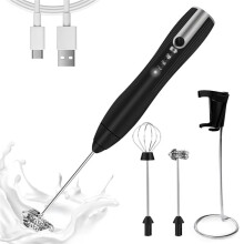 Mousseur à Lait Rechargeable à Main avec 3 Vitesses, Puissant MéLangeur de Boissons avec 2 TêTes pour Café, Machine à Mousse Noire