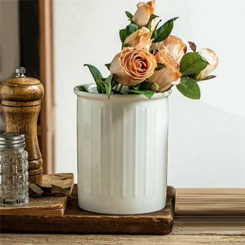 Simple Relief White Chopstick Holder Large Ceramic Kitchen Knife, Fork and Spoon Storage Jar Home Decoration 2
