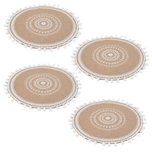 Round Placemats Set of 4,Boho Woven Jute Table Mats with Pompom Tassel for Dining Room Kitchen Table Decor(White )