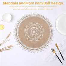 Round Placemats Set of 4,Boho Woven Jute Table Mats with Pompom Tassel for Dining Room Kitchen Table Decor(White )