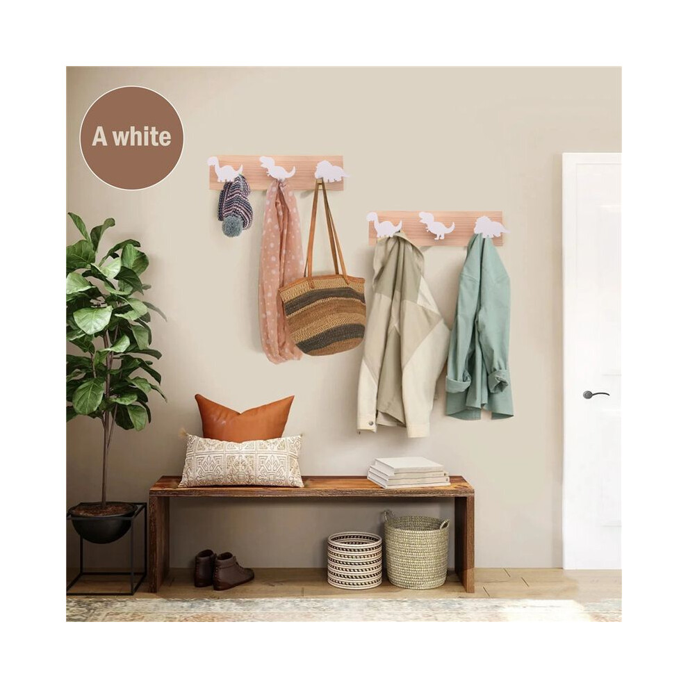 Kids Dinosaur Wall Mounted Coat Hooks Wooden Door Hanger For Boys Bedroom Nursery Playroom Decorations - White