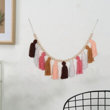 Boho Tassel Garland Tassel Wall Hanging Decor Pastel Tassel Banner with Wood Beads and 2 Pieces Colorful Pom Pom(A)