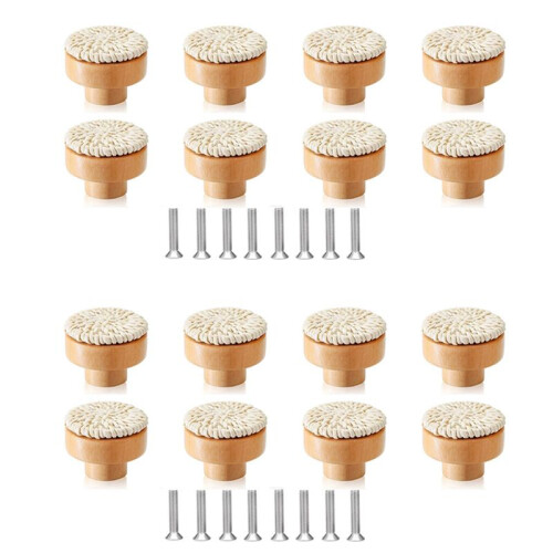 16PCS Boho Rattan Dresser Knobs Wood Drawer Knobs Handmade Woven Wicker Knobs Pull Handle for Cabinet Home Decor