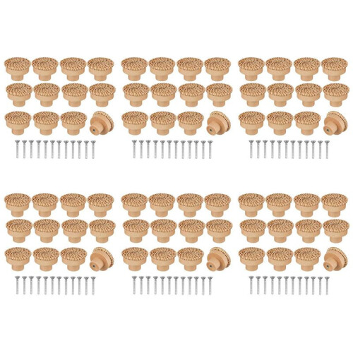 Boho Rattan Dresser Knobs Round Wooden Drawer Knobs Handmade Wicker Woven and Screws for Boho Furniture Knobs 72Pcs