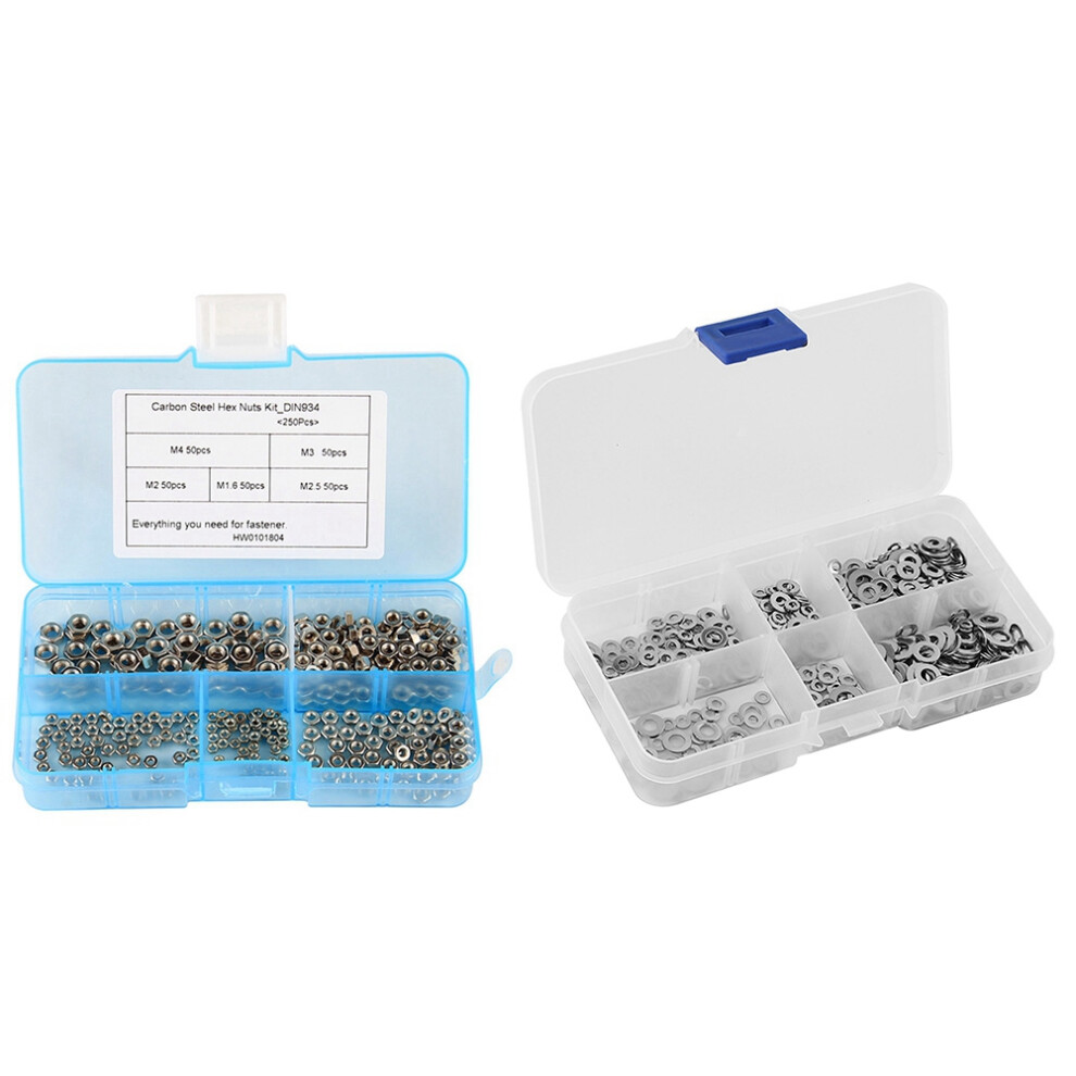 250 Pcs M1.6 M2 M2.5 M3 M4 Carbon Steel Hex Nut & 500Pcs M1.6 M2 M2.5 M3 M3.5 M4 M5 Stainless Steel Flat Washer 4711928053073