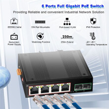 Industriële POE- Gigabit  Ethernet met 6x100/1000mbps Poort Base-T Din IP40 Netwerkswitch DC44-55V