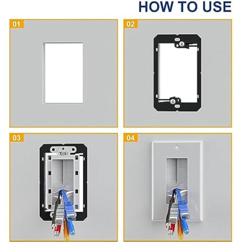 4 Brush Wall Plate with Low Voltage Mounting Bracket,Cable Pass Through Insert for Wires,Single Gang Cable Access Strap 2