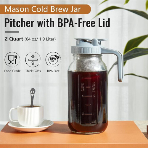 Cold Brew Coffee Maker Mason Jar 64Oz, Durable Thick Glass Cold Brew Pitcher Flip Cap Spout Lid with Handle 2