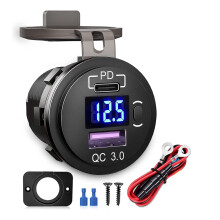 Car Dual USB Charger Quick Charge QC 3.0 & PD USB Charger Socket Adapter with Voltmeter for Trucks RV Motorcycle