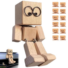 Handmade Wooden Bobblehead with Interchangeable Magnetic Faces, Funny Wobbling Dashboard Figurine for Car