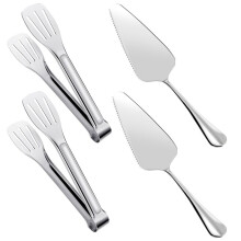 4 Pcs Kitchen Cooking Tongs and Stainless Steel Cake Slicer with Serrated Edges for Kitchen, Party and Wedding