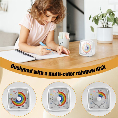 60-Minute Visual Timer with Night Light, Countdown Timer,Pomodoro Timer with Rainbow Pattern for Kids and Adults White 2