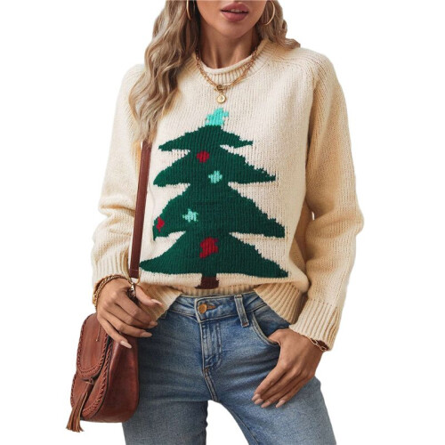 Weihnachtspullover für Damen, Rundhalspullover, Langarm, Weihnachtskleidung Aprikose L