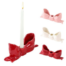 Keramische Kaarsenhouder met Strik, Elegante Keramische Kaarsenhouders met Strik voor Thuisdecoratie, Tafeldecoratie, Rood