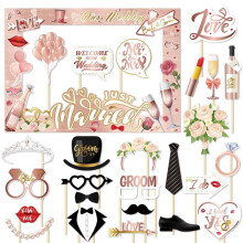 Kit de Accesorios para Fotos de Boda, Color Oro Rosa, para la Novia, con Marco, para Selfies y Decoración para Despedida de Soltera.