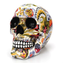 1pc, Horror Skull Decoration Resin Color Flower Painting Halloween Skull Home Bar Table Desktop Decoration Gift