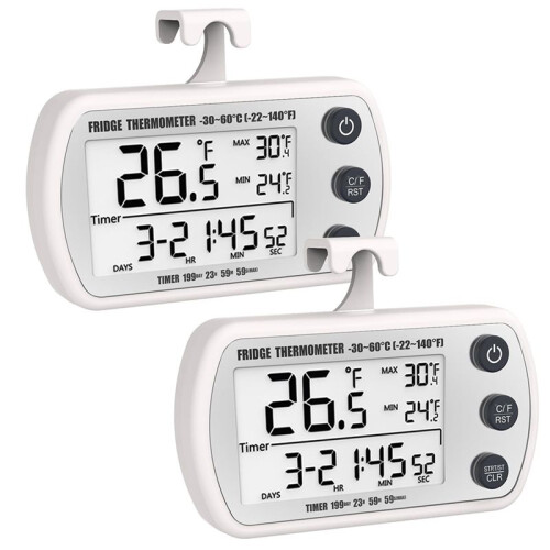 Digital Refrigerator Thermometer 2 Pack,Waterproof Fridge Thermometer, Max/Min Record Function,Timer Function White