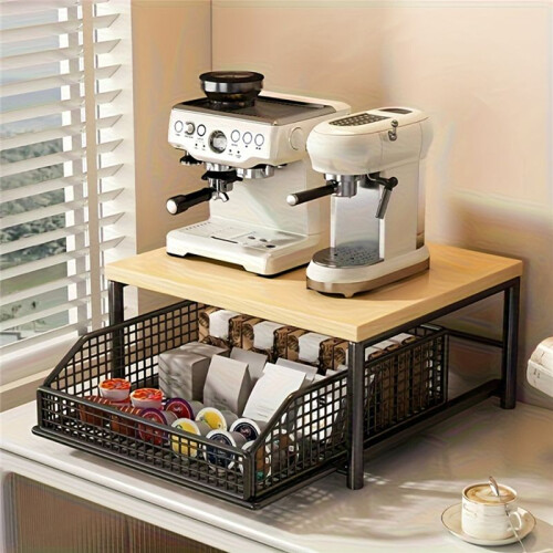 Space-Saving Kitchen Countertop Organizer with Drawer & Wire Basket - Sturdy Hardwood Shelf for Coffee Maker. White 1