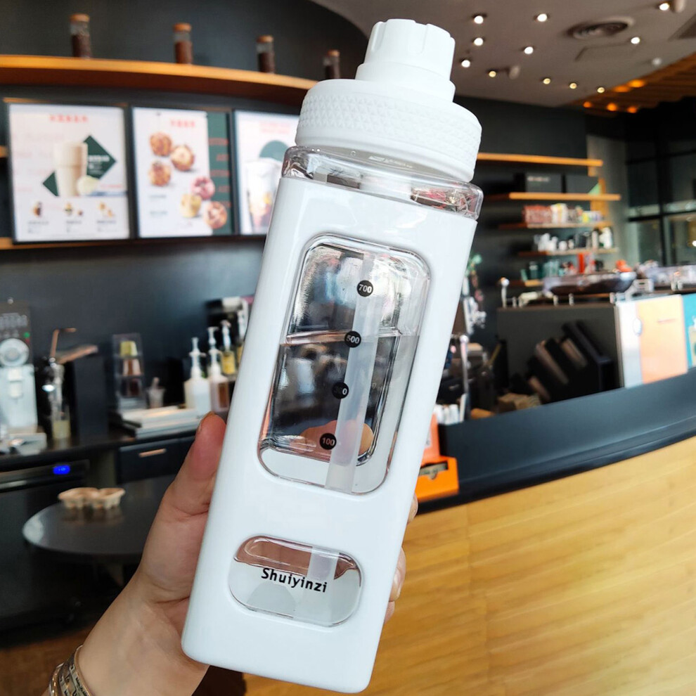 700ml Double Layer Straw Water Bottle with Marker - White 17.6oz
