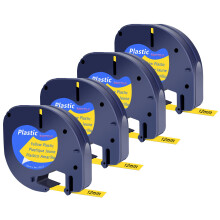 Label Tape for Dymo LetraTag 91332 Black on Yellow 12mm x 4m, Plastic Tape 4 Pack