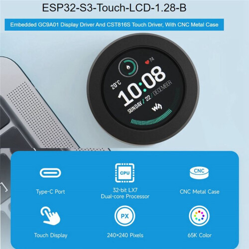 ESP32-S3 Development Board with 1.28Inch Round Touch LCD Display Embedded GC9A01 Display Driver CST816S Touch Driver
