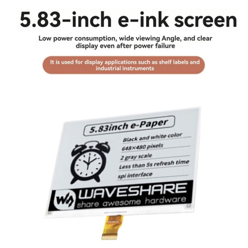 5.83inch E-Ink Display HAT for Raspberry Pi 648x480 Black/White SPI Wide Viewing Angle Paper-Like Experience 2