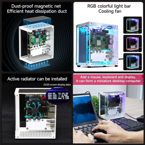 For Raspberry Pi 5 Case, Micro-type Desktop Case with Active Cooler, PWM Fan, RGB Lighting Bar,  Tower PC Case 1