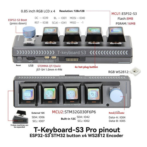 LILYGO T-Keyboard-S3 Pro ESP32-S3 Keyboard Development Board 0.85-Inch LCD Button WiFi  STM32 RGB Encoder Module,A 1
