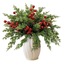 45 Pcs Christmas Artificial Pine Branches with Red Berry Stems,Faux Evergreen Norfolk Pine Cypress Leaves Stems for DIY
