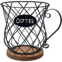 Metal Coffee Pod Holder Mug - Large Wire Basket with Wooden Base for Countertop Coffee Storage for Home & Office A