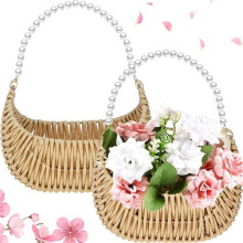 2 Cestas de Mimbre para Niña de las Flores con Asa de Perla, Pequeñas Cestas de Mimbre en Forma de Media para Bodas, Pícnics y Jardines.