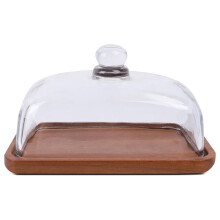 Glazen Botervloot met Houten Deksel, Doorzichtige Koepelvormige Kaasschotel, Doorzichtige Koepelvormige Kaasschotel, Botervloot voor op Tafel of