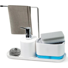 Distributore di Sapone per Piatti e Mani 4 In 1 - Pratico Organizer per Lavello da Cucina con Vassoio e Porta Spugna (Solo Supporto)