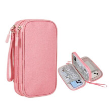 Electronics Travel Organizer Waterproof Double Layer Cable Storage Bag with Card Section Pink