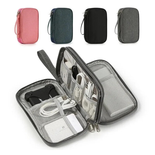 Electronics Travel Organizer Waterproof Double Layer Cable Storage Bag with Card Section Pink 2