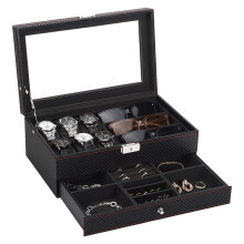 Watch Box, Mens Jewelry Box with 6 Slot Watch Case & 3 Slot Sunglasses Organizer, 2 Layers Lockable Watch Holder